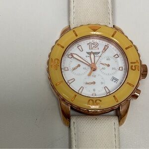 Sky Watch Rose Gold Chronograph Watch w/ Yellow Bezel & White Strap + Box